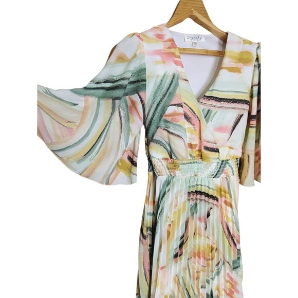 Signify Womens Multicolor Pleated Midi Dress With Flutter Sleeves & Smocked Wais - Picture 3 of 11